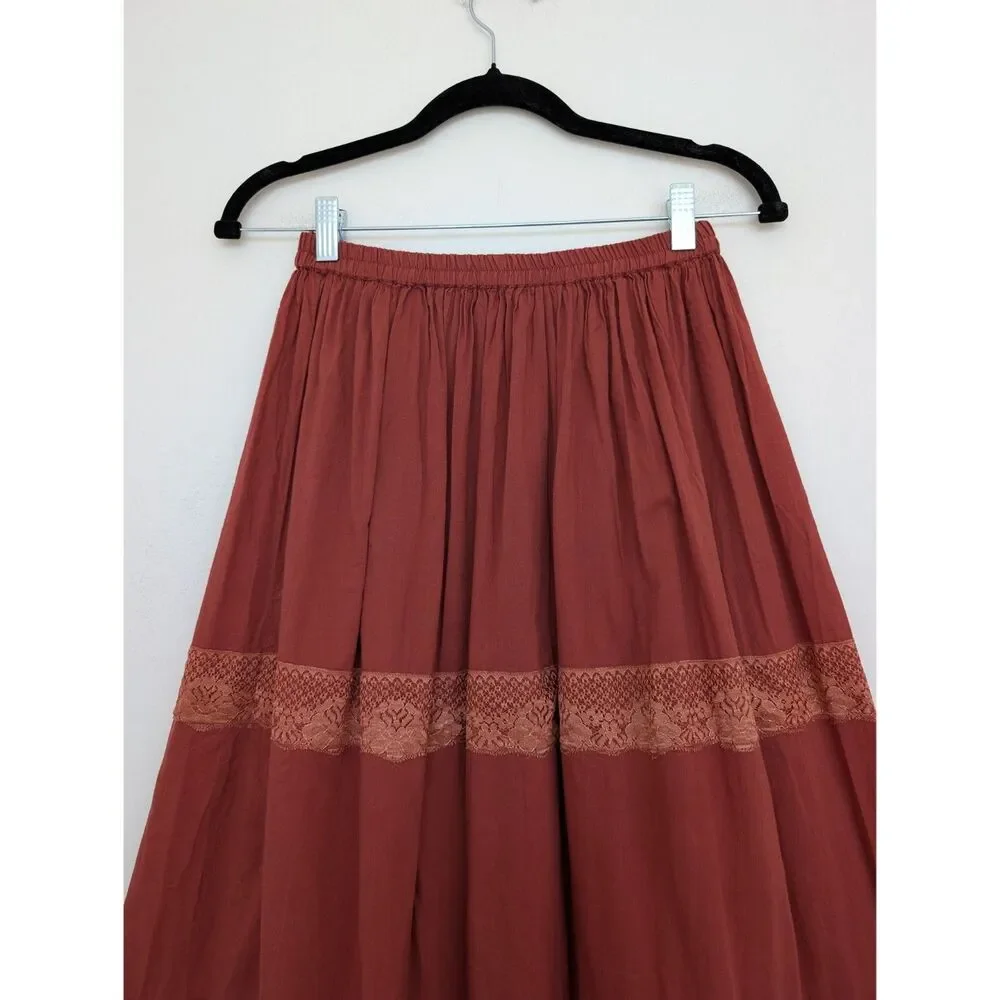 Y2K Vintage Rampage Rust Boho Lace Tiered Cotton Midi Skirt Sz M Made in India